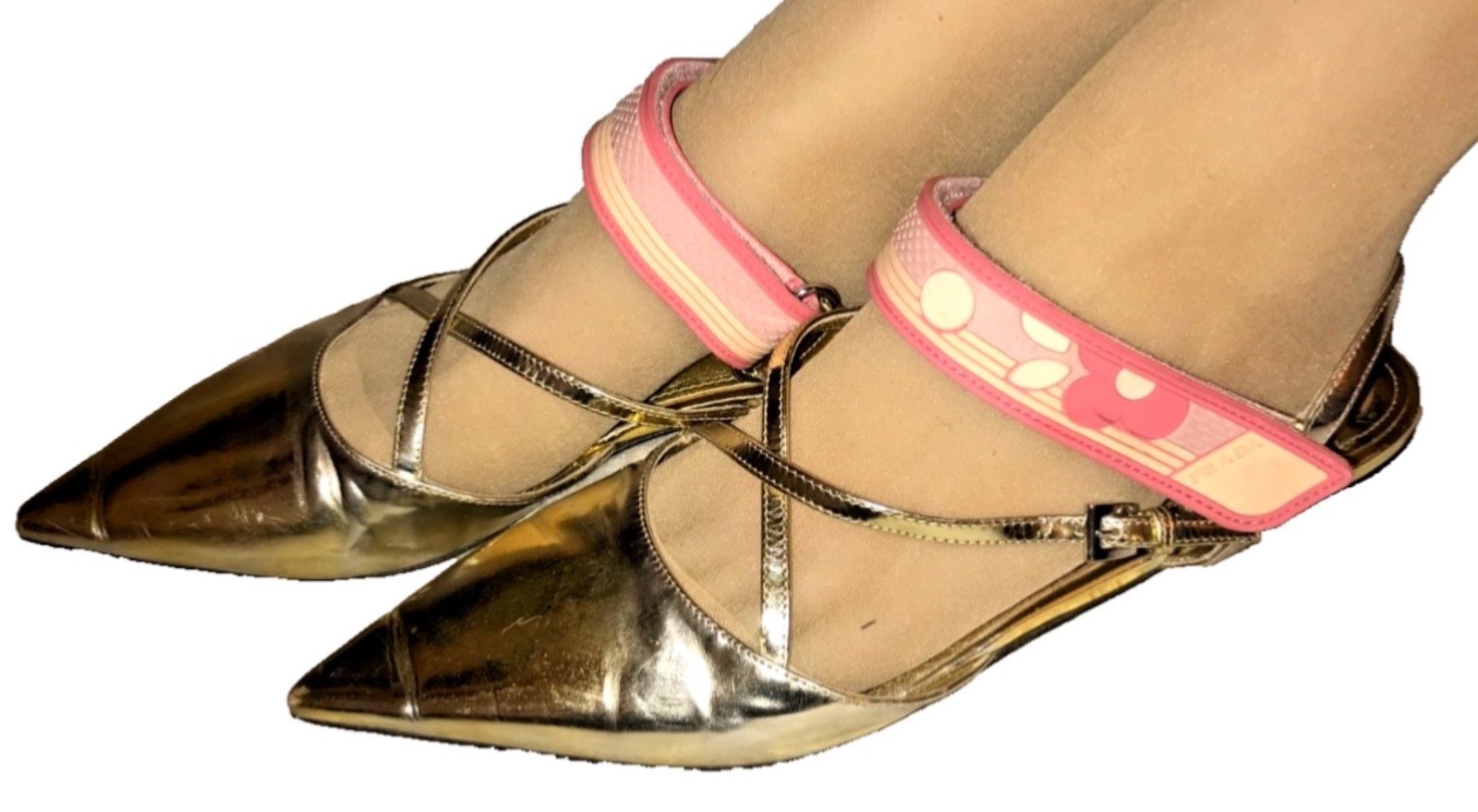 PRADA Woman's Metallic Gold Pointed Toe Slingback Strap X Sandals Size 38