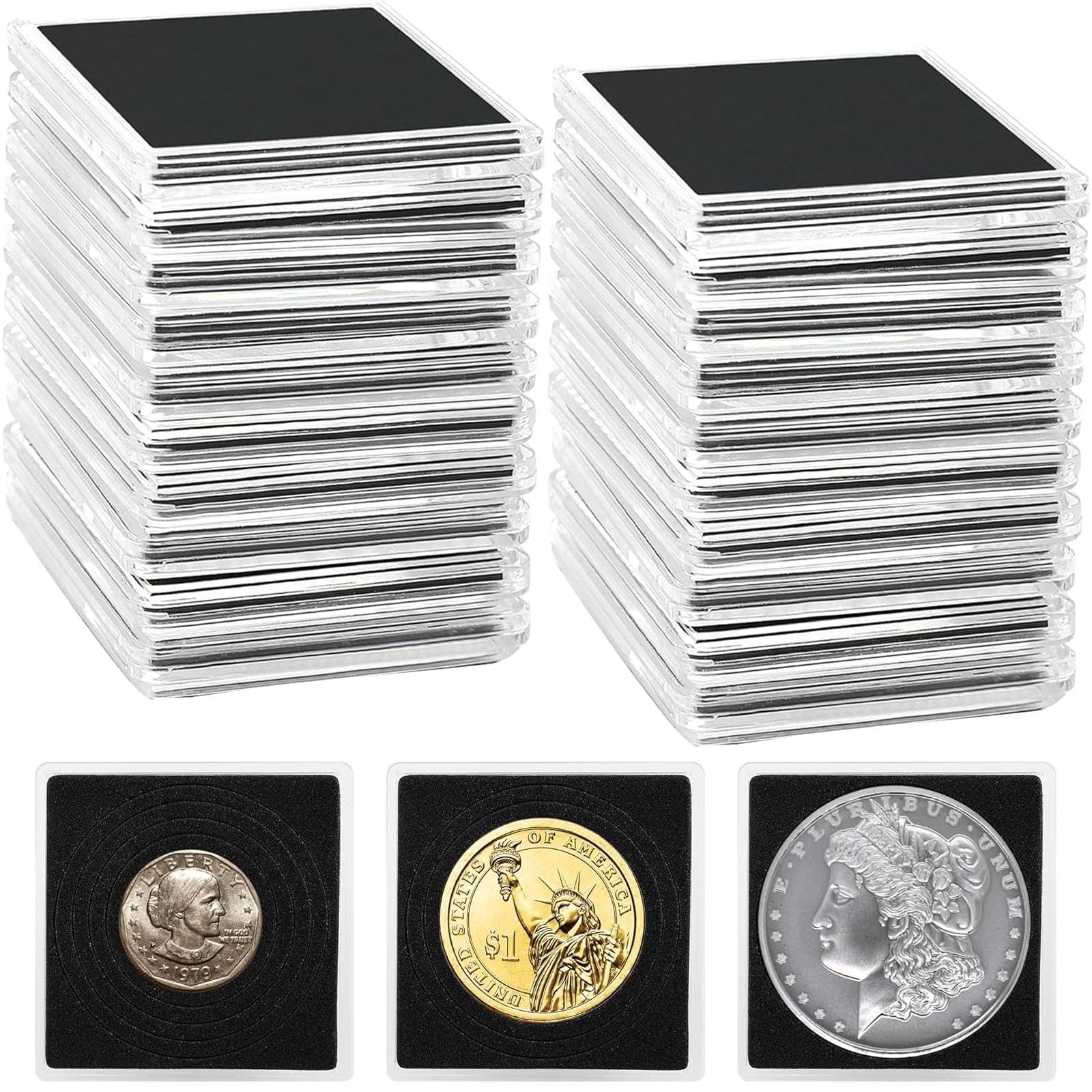 Coin Snap Holders, 20 Pcs Silver Dollar 20mm, 25mm, 30mm, 35mm, 40mm, Black