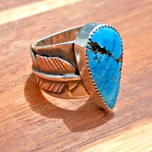 ANILLO TURQUESA PLUMAS PLATA ESTERLINA 925 HECHO A MANO EE. UU. TALLA 9,5 Diseño interior Foto 2 de 4