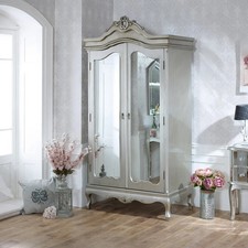 Double mirrored wardrobe painted distressed silver hanging rail bedroom french