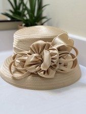 Women  s Church/Dress Hat Beige/Tan Satin Ribbon Bow Flower Accent One Size