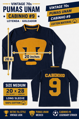 PUMA KUMAMOTO OHZU シャツ ネイビー/イエロー Retro Pumas UNAM Cabinho #9 Jersey 70s Long Sleeve Cotton Medium