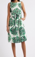 Anne Klein Eyelet Midi White Dress With Green Tropical palm leaf print Size 8
