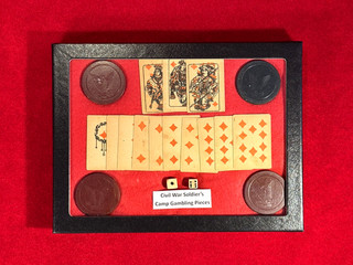 ORIGINAL CIVIL WAR ERA SOLDIER'S CAMP GAMBLING PIECES / POKER CHIPS CARDS DICE