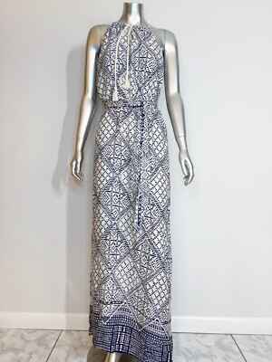 Three Dots Maxi Dress Women s Small Blue Diamond Print 
