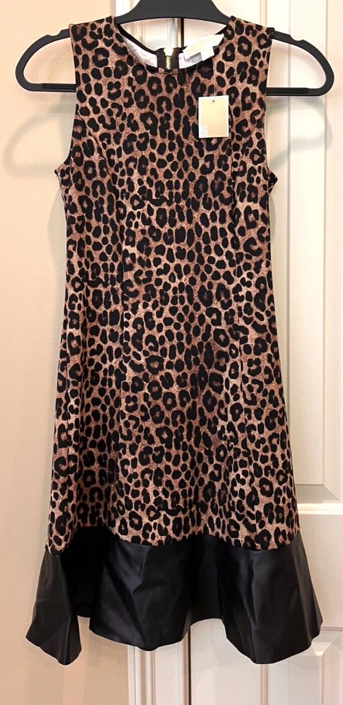 Abito donna Michael Kors stampa leopardata bordo ecopelle a contrasto NUOVO taglia XS