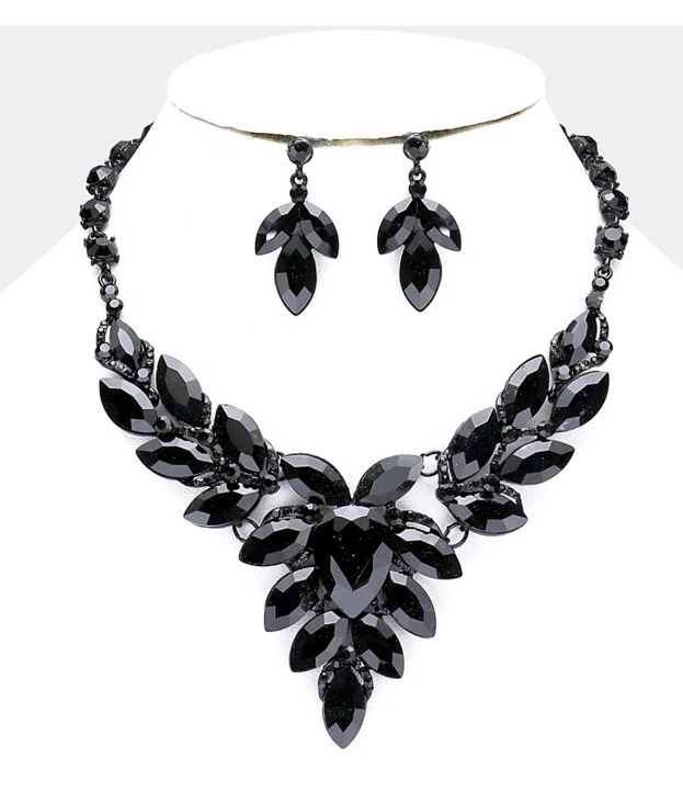 Black Jet Formal Crystal Pageant Wedding Rhinestone Necklace Jewelry Set Earring