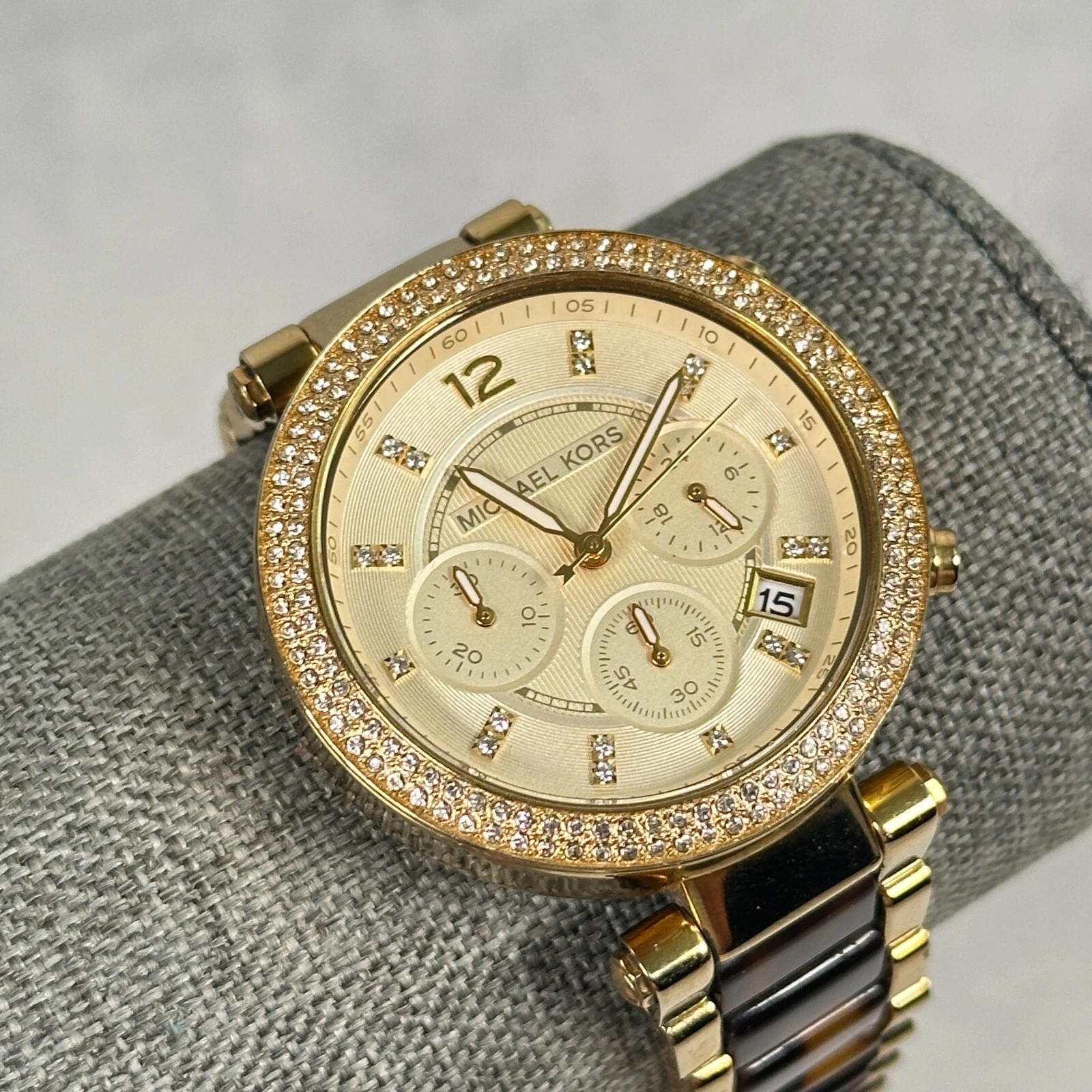 Orologio Michael Kors donna 39mm Madison Pave tartaruga shell crono batteria nuova