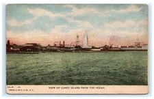 View of Coney Island from the Ocean NYC UDB Postcard Ferris Wheels B7 