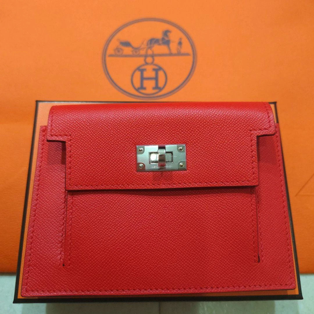 Hermes Mini Wallet Kelly Pocket Compact Red Box Warranty Leather