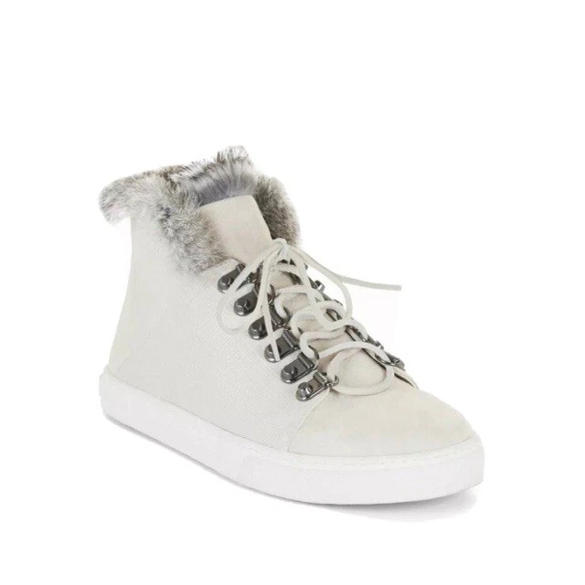 275 BCBG Maxazria Deniz Rabbit Fur Trim Lace Up High Top Sneakers Sz 5.5 Suede