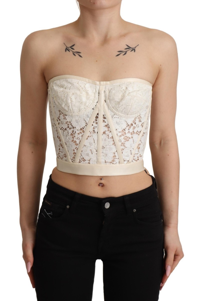 DOLCE & GABBANA Bustier Top White Strapless Floral Lace