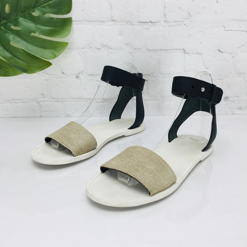 Vince Sandalen Damengröße 6 M beige schwarz Leder Knöchelriemen offene Zehenpartie