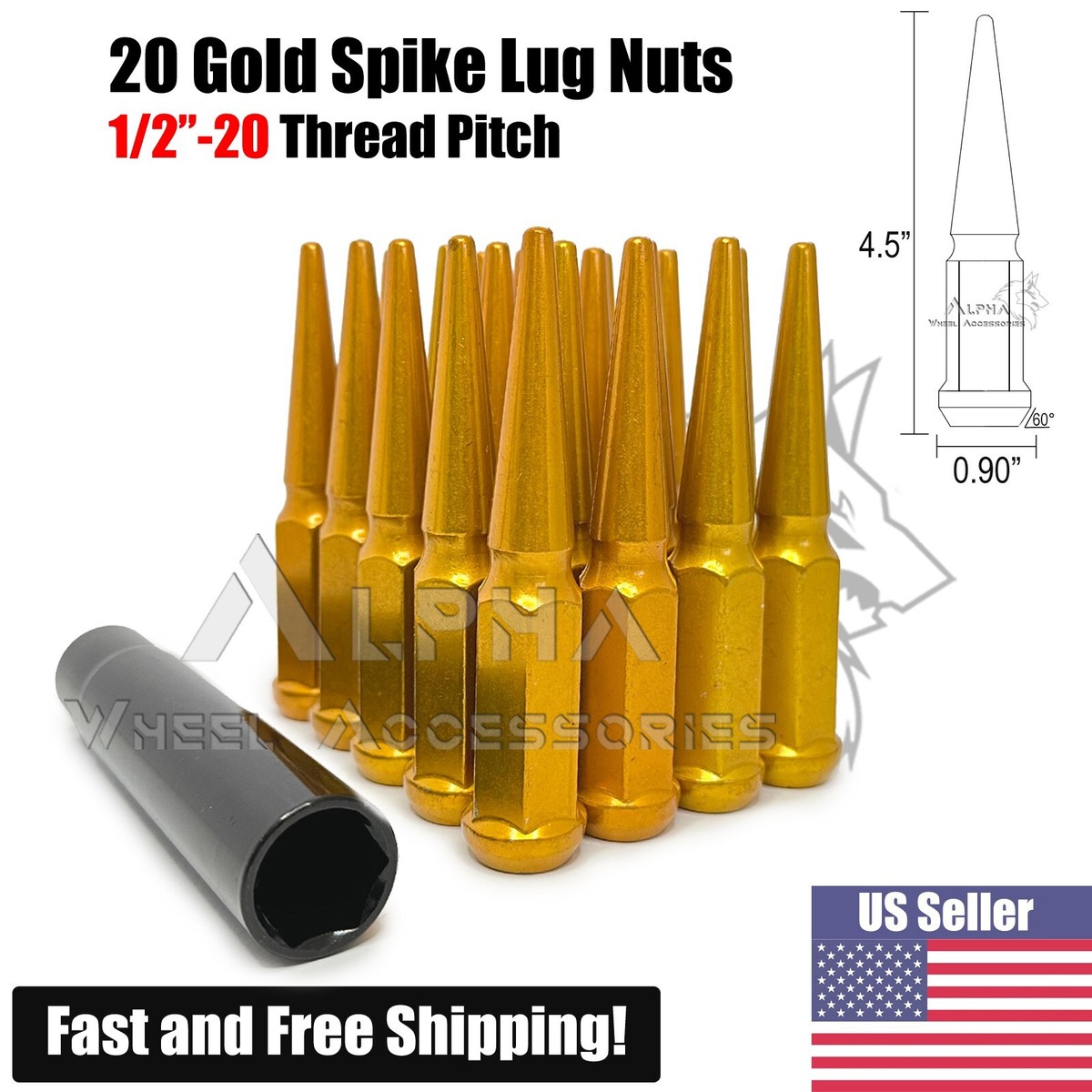 20 Gold Spike Lug Nuts 1/2