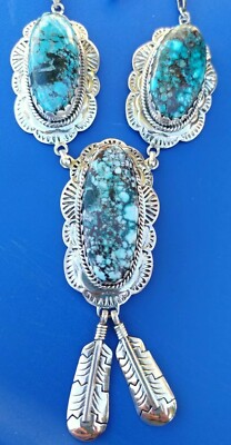 NATIVE AMERICAN TURQUOISE NAVAJO SILVER FEATHERS LARIAT NECKLACE 76.3 Grams