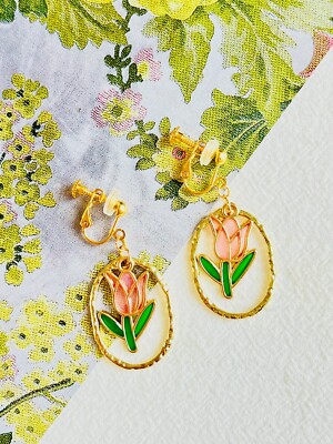 Rosa Tulpe grünes Blatt ovaler Reifen rustikaler Tropfenclip Ohrringe gold Frauen ihr Geschenk