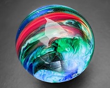 Robert LaGrand 1.15" RL 03 Green Blue Red Fumed Swirl Handblown Art Glass Marble