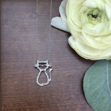 New Genuine Diamond Sterling Silver Cat With Bow Tail Pendant 925 Great Gift
