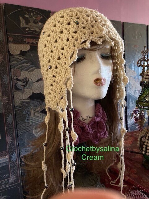 beanie Cawl Bonnet Crochet Cream Color Beaded With 13”Tassels  Crochetbysalina