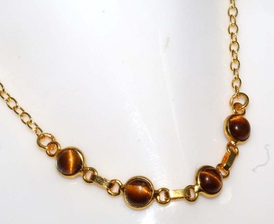 Bezel Round Tiger Eye Golden Plated Necklace 17'' Red & Green Festive Jewelry GW