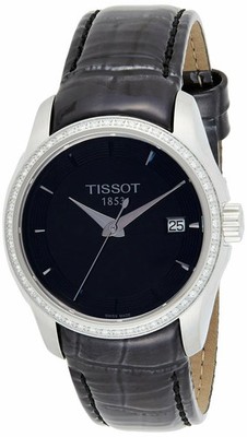 Tissot Ladies Couturier Black Dial Diamond Leather Watch - T0352106605100 NEW
