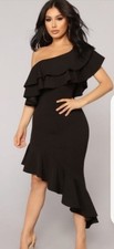 Fashion Nova Black Asymmetric Ruffle Sheath Dress Off Shoulder Size 1X