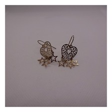 Gold Tone Filigree Heart Star Dangle Earrings Hook Fashion Jewelry 1.5"