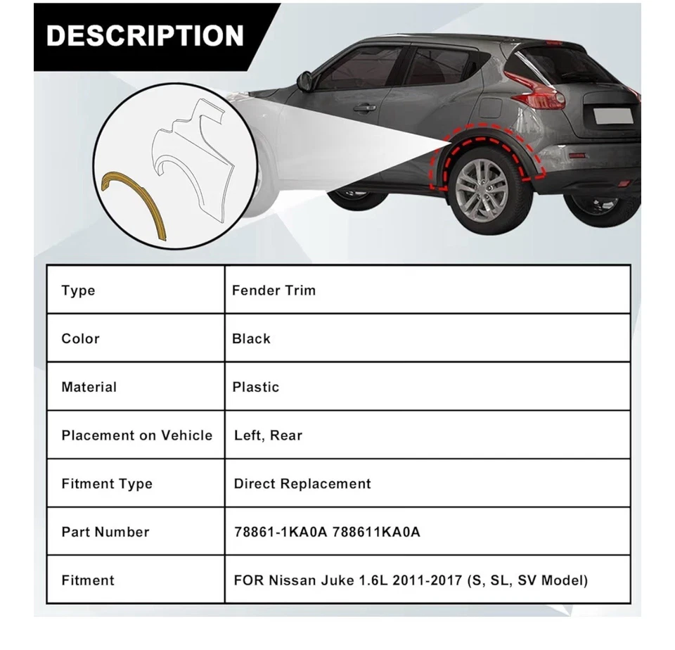 Moldura de guardabarros trasero lado del conductor izquierdo para Nissan Juke 2011-2017 1,6 L Foto 4 de 4
