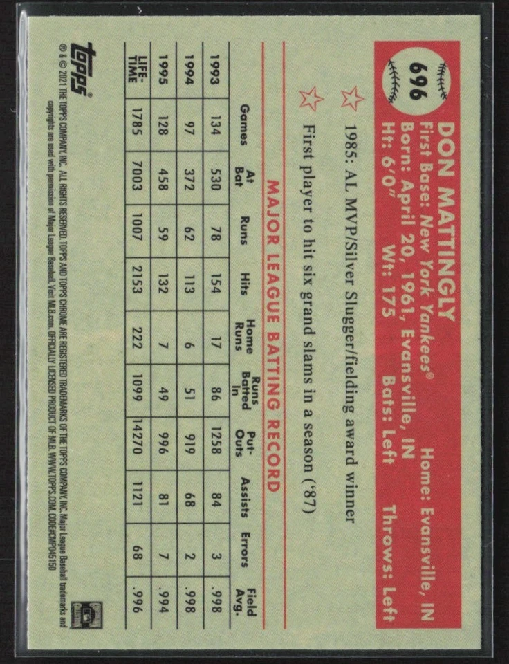 Don Mattingly 2021 Topps Chrome Platinum Blue Prism #696 New York Yankees - Image 2 of 3