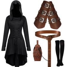 Suhine 5pcs Renaissance Women Costume Hooded Robe Black Medium