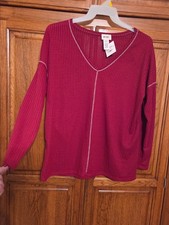 Bibi Waffle Knit V Neck Long Sleeve Burgundy Top Women  s Size Large NWT