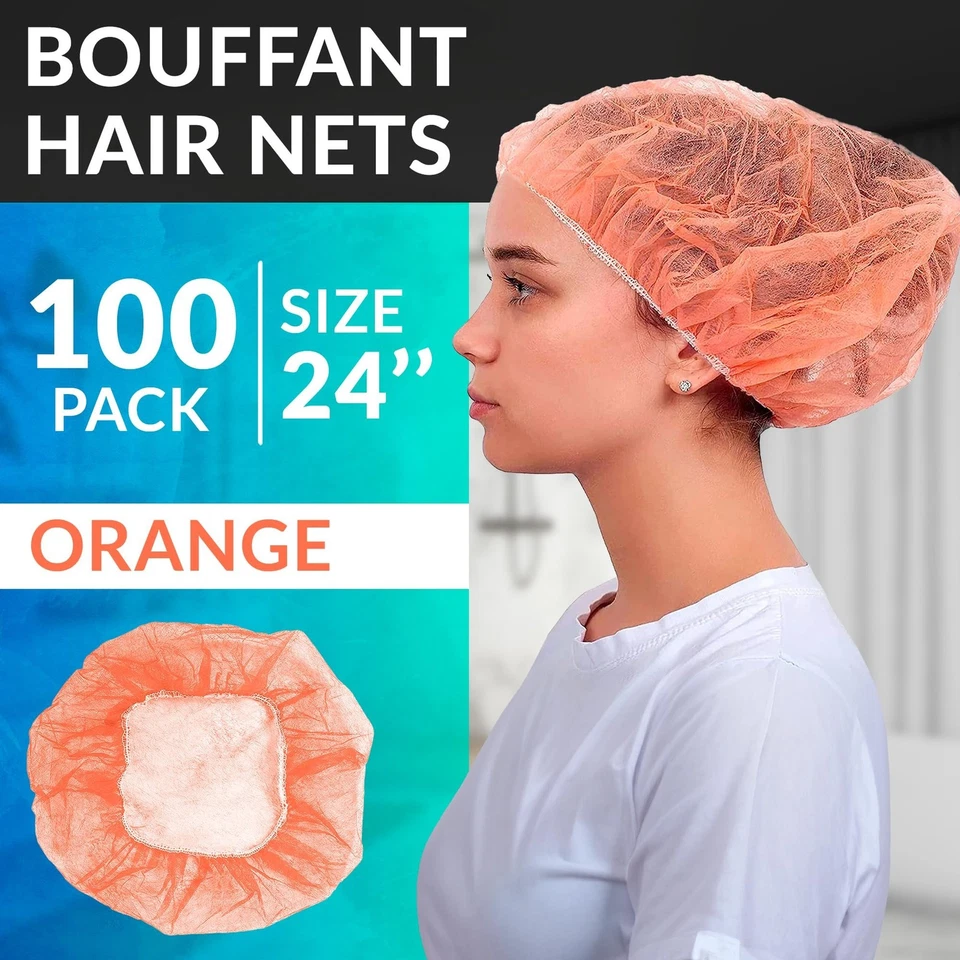 Orange Bouffant Caps 24" 100 Pack Non Woven Disposable Hair Covers - Image 2 of 4
