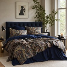 NEW Anthropologie Navy Blue Paisley Boho Queen / King Bedding Duvet Sham Set