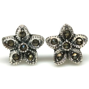 Authentic 925 Sterling Silver Black Color Marcasite Earrings White Gold Plated