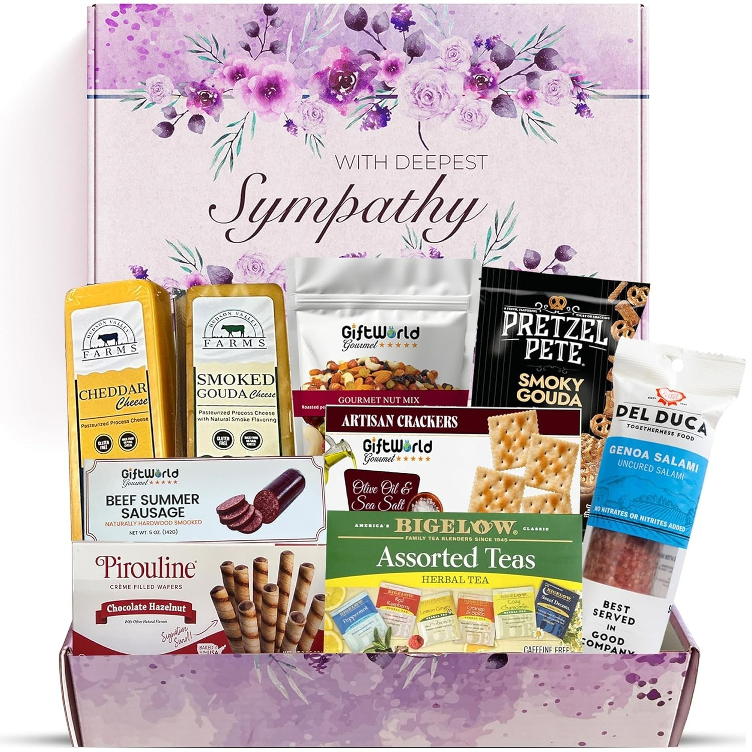 GIFTWORLD CUSTOM GOURMET SYMPATHY GIFT BASKET; IMPORTED MEAT & CHEESE & SNACKS