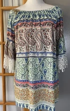 Win Win Paisley Tunic Top Womens L-XL Bell Sleeve Lace Blue Orange Boho Cottage