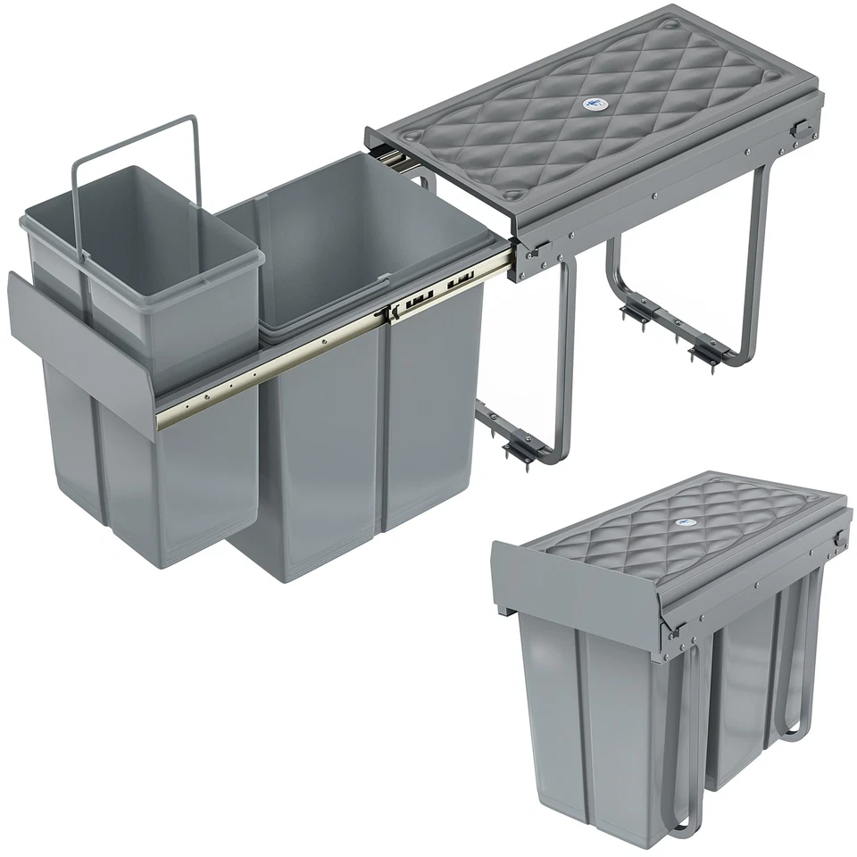 Küche Einbaumülleimer 2/3 Fächer Ausziehbar Mülleimer mit Teleskopschienen, Grau - Bild 4 von 4