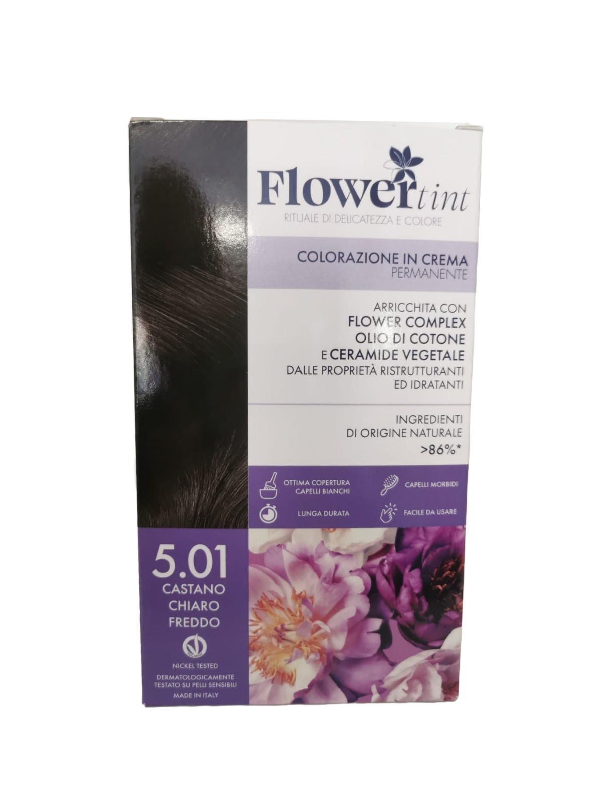 Tinta Crema Permanente Per Capelli FlowerTint, Col 5.01 Castano Chiaro Freddo