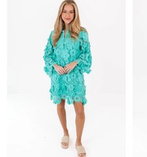 NWT $168 J Marie Seraphina Lace Dress Sz M Turquoise 3D Floral Lined JM4435
