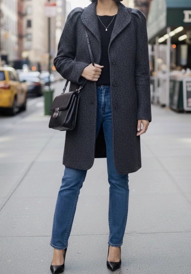 Abrigo de tweed de lana azul oscuro elegante escena internacional vintage talla mediana usado en excelente estado leer Foto 4 de 4