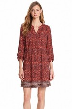 Lucky Brand Dress Womens Medium Red Paisley Boho Peasant Shift 3/4 Sleeve