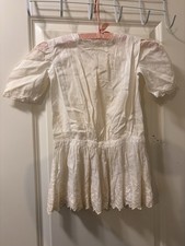 Antique Edwardian Girls' Cotton White Muslin Drop Waist Dress, Victorian