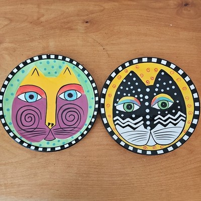 Laurel Burch Ceramic Coaster Set Of Two 1998 Vintage 8 x 8  Cat Plates 