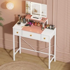 Small Makeup Vanity Desk 27.5''W with Mirror and Lights, Vanity Desk with 3 F...