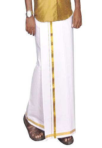 Men's Cotton Single Lungi Dhoti With Golden Jari Border Wedding & Festivel - Picture 2 of 2