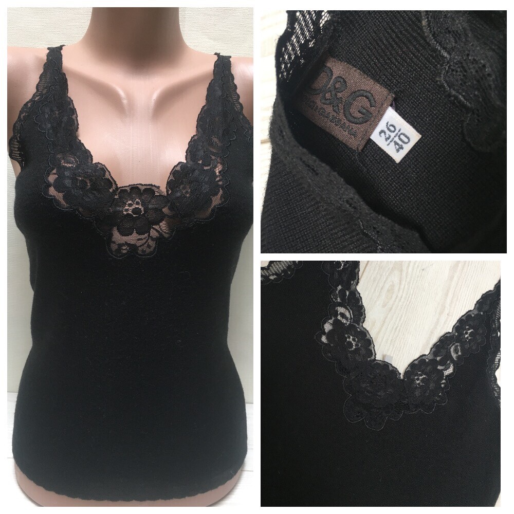 Dolce Gabbana Black Wool Blend Knitted Strap Top with Lace Front