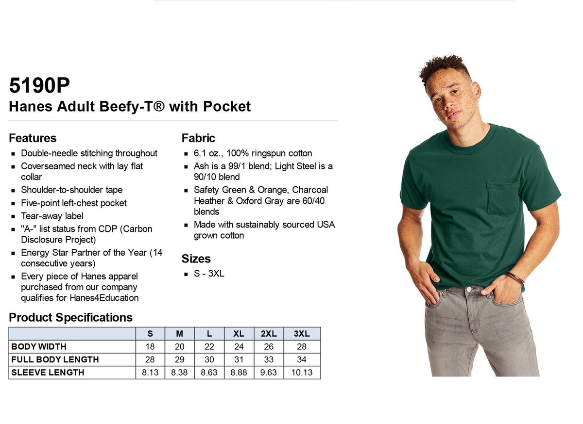 Hanes Mens Pocket T-Shirt 100% Heavy Cotton 6.1 oz Beefy Tee S-XL