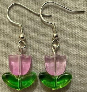 PURPLE TULIP FLOWER GLASS BEAD EARRINGS with Sterling Silver Ear Wires #2