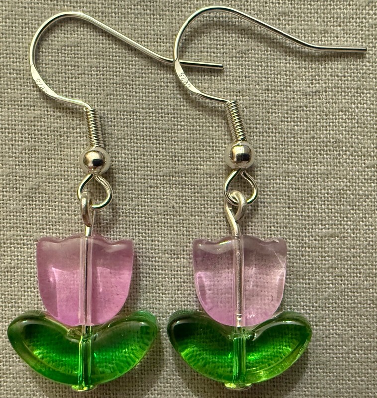PURPLE TULIP FLOWER GLASS BEAD EARRINGS with Sterling Silver Ear Wires #2