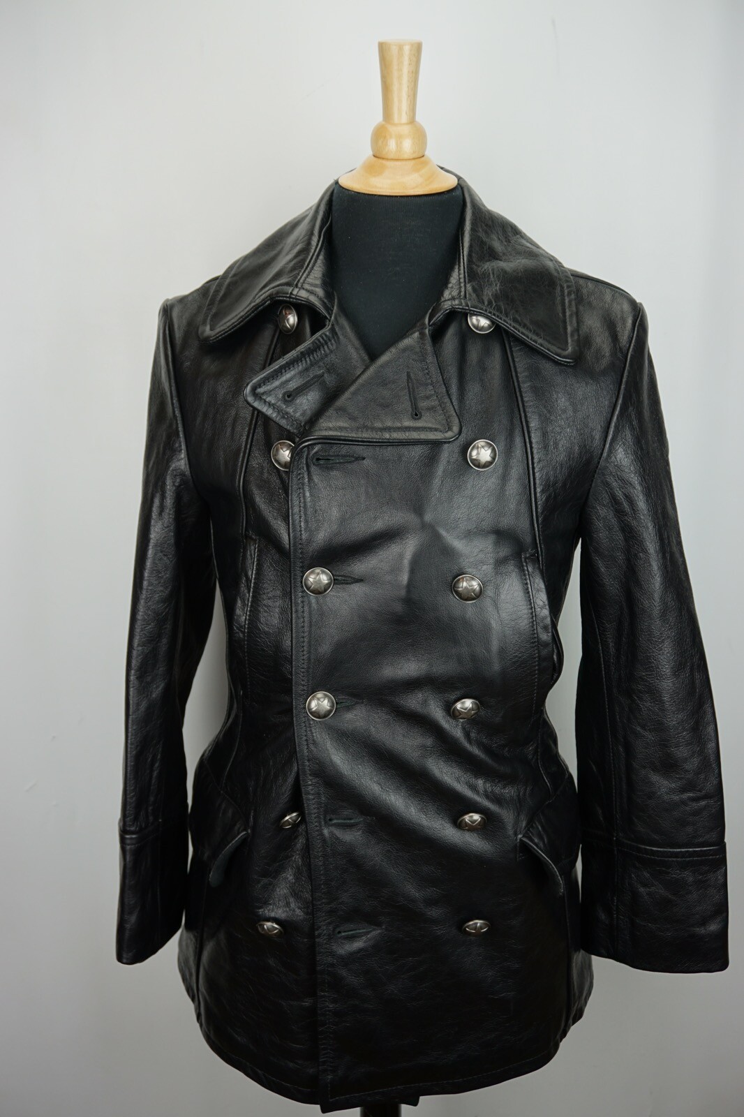 Schott Black Leather Pea Coat Metal 